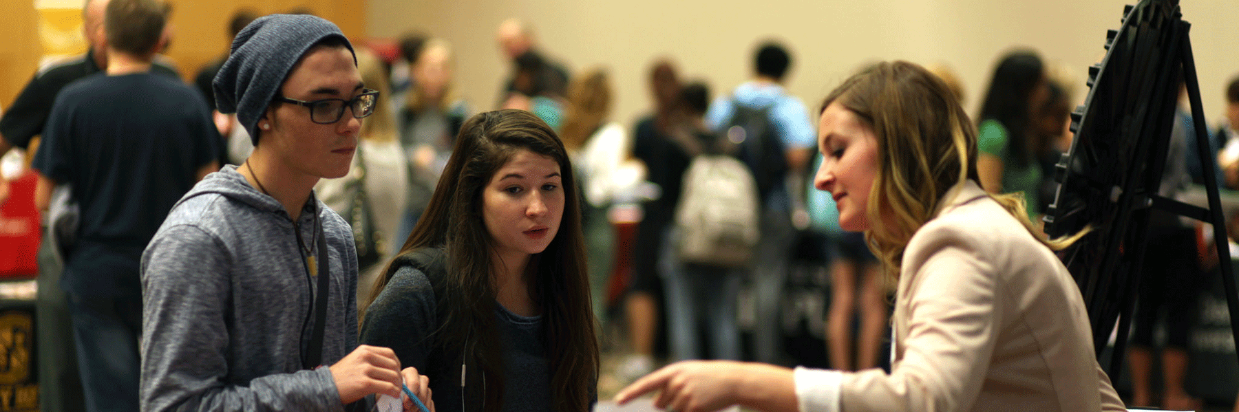 A photo of students participating in a career event on campus.